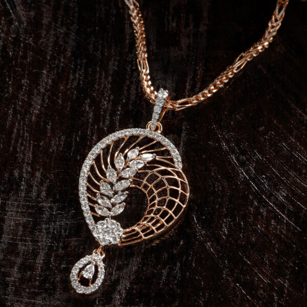 Diamond and Rose Gold Regal Pendant on a brown wooden background