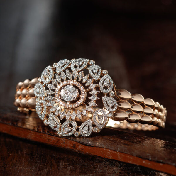 Designer diamond bracelet placed in a wooden base